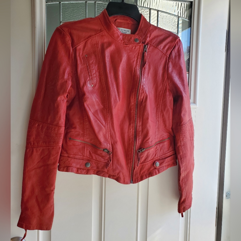 NWT Lucky Brand red leather motorcycle jacket 100% leather size Medium